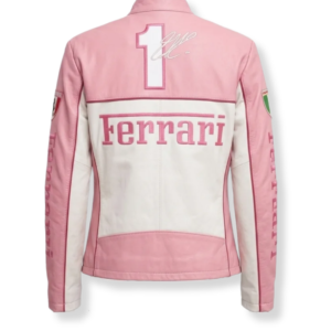 Men’s Pink & White Genuine Leather Racing Motorcycle Jacket - Ferrari Style