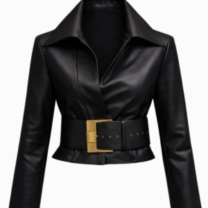Women's Black Leather Cropped Blazer with Gold Buckle Belt
