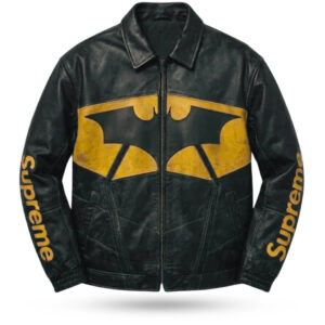 Supreme x Batman black leather jacket front view featuring yellow Batman logo on chest and Supreme text on sleeves without patches
